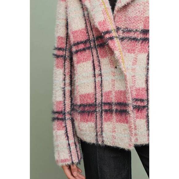 Anthropologie Maeve Women's Pink Cream Plaid Aurelia Sweater Jacket Medium - Picture 3 of 11
